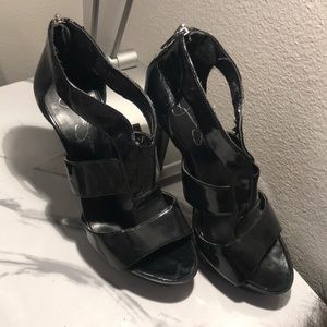 Black patent leather heels strappy zip back